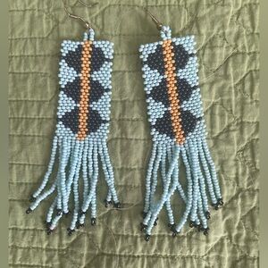 NATIVE AMERICAN HANDMADE BLUE/YELLOW SEED BEADED FRINGE DANGLE BOHO EARRINGS